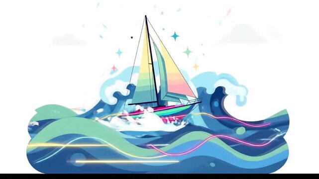 Sailing Through Waves - Animated Boat on the Ocean, Colorful Illustration.