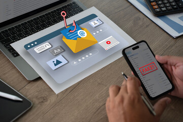 phishing email Email attachment warning man using his laptop to email scam and phishing