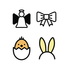 Easter & Festive Icon Set: Angel, Bow, Hatching Chick, and Bunny Ears Symbols