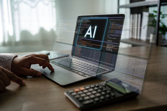 typing code on a laptop with AI code on the screen and hands typing software development digital code