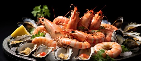 lobster, shrimp, seafood platter, assortment of fresh seafood, crustaceans, shellfish, on dark background, gourmet cuisine, high-end culinary, luxury dining, food photography

