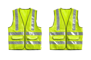 Two bright yellow safety vests with reflective stripes, side-by-side