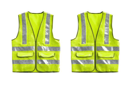 Two bright yellow safety vests with reflective stripes, side-by-side
