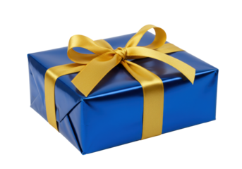 Isolated blue gift box with gold ribbon for birthday, christmas, new year and celebration