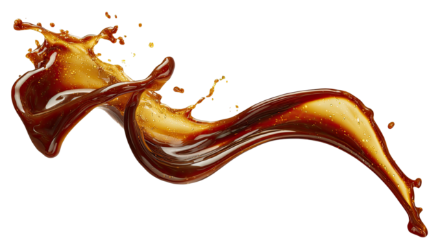 Glossy, dark-brown liquid splash, mid-air wave