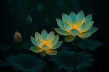 AI generated glowing lotus artwork in surreal night garden expressing calm awareness and spiritual light energy perfect for meditation or fantasy themed designs