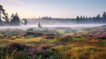 Obraz premium misty morning landscape, rolling hills with tall grass and wildflowers, coniferous forest in the background, glowing sunrise in the distance, atmospheric lighting, vibrant colors, serene and peaceful 