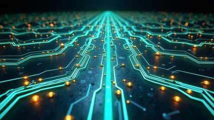 Dynamic digital circuit board with glowing pathways, a futuristic technology concept that evokes innovation, connectivity, and high-tech development for your projects - Powered by Adobe