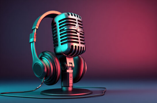 Retro microphone headphones studio audio music vintage podcast neon
