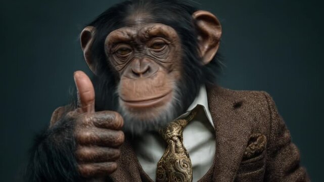 A chimp in a brown suit and tie gives a confident thumbs-up against a dark backdrop. Boldly stylish
