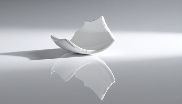 Broken piece of white ceramic with reflection on a glossy surface.