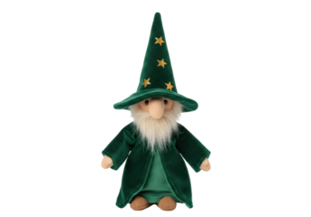 Isolated gnome magician plush toy, velvet green cloak, pointed hat with gold stars, and a beard