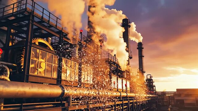Industrial plant emitting vapor and sparkling elements during a fiery sunset