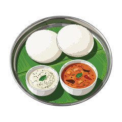 Traditional South Indian Idli with Chutney and Sambar – Vector Illustration
