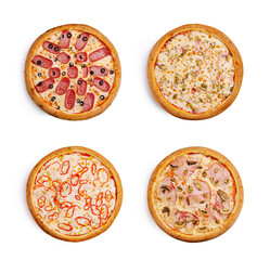 Various types of freshly baked pizzas displayed on a white surface