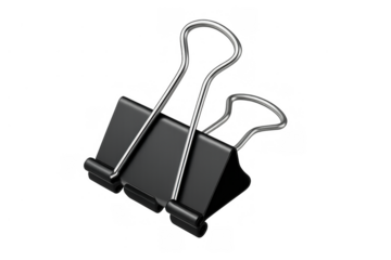 Black binder clip on transparent background holding papers together in office, business, and school stationery concept