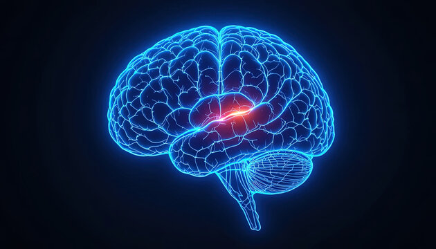 Dynamic brain scan illustration with vibrant blue and red glow, perfect for neurology, neuroscience, or medical technology presentations and publications - Powered by Adobe