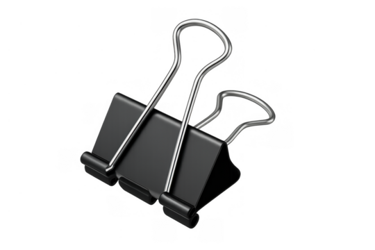 Black binder clip on transparent background holding papers together in office, business, and school stationery concept