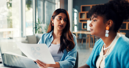 Sales consultant, paperwork and women in office, conversation and meeting for subscription increase. People, coworking or employees with documents, laptop and feedback with charts for profit growth