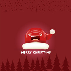 Vector cartoon monster Santa Claus red hat with grinch face on abstract red Christmas background. Merry Christmas greeting card and banner with funny crazy monster Santa Claus hat. Santa hat