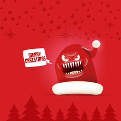 Vector cartoon monster Santa Claus red hat with grinch face on abstract red Christmas background. Merry Christmas greeting card and banner with funny crazy monster Santa Claus hat. Santa hat