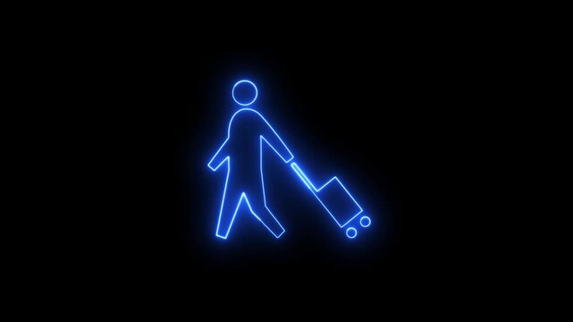 Blue neon outline of person walking with rolling suitcase on black background travel concept