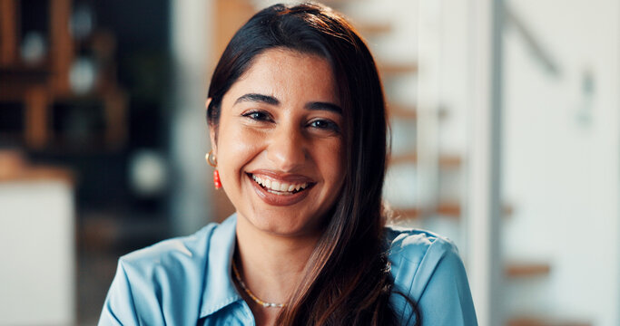 Portrait, woman and relax with smile at house for peace, calm morning and positive attitude. Happy, female person and laughing for weekend off, confident and feel good for wellness break in lounge