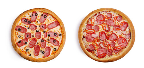 Two delicious pepperoni pizzas with toppings on a white background