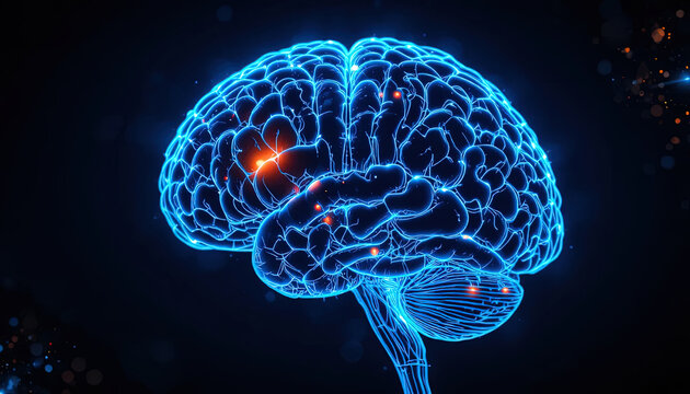Stunning neon blue brain illustration showing brain activity and neurological processes for neuroscience, medical research, and science concepts