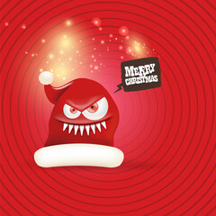 Vector cartoon monster Santa Claus red hat with grinch face on abstract red Christmas background. Merry Christmas greeting card and banner with funny crazy monster Santa Claus hat. Santa hat