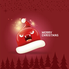 Vector cartoon monster Santa Claus red hat with grinch face on abstract red Christmas background. Merry Christmas greeting card and banner with funny crazy monster Santa Claus hat. Santa hat