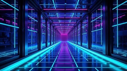 Step into a glowing futuristic corridor with vibrant neon lights, perfect for science fiction, technology concepts, or modern architectural designs and digital backgrounds - Powered by Adobe