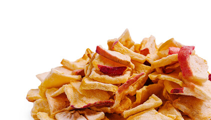 Crunchy apple chips scattered on a white background in a playful arrangement