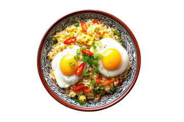 Fried rice with two sunny-side-up eggs in ornate bowl, top view