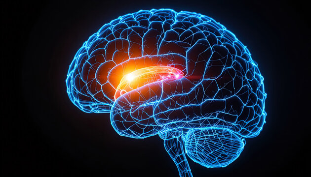 Stunning blue glowing brain highlighting the emotional center, perfect for neuroscience, psychology, and mental health projects, a vibrant anatomical illustration - Powered by Adobe