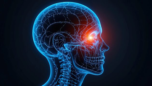 Human brain anatomy with glowing focus, perfect for medical education or science presentations, offering a modern and professional look into health research