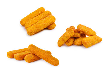 Crispy cheese sticks and croquettes arranged on white surface