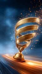 Naklejka premium Dynamic scene with a golden trophy and flying ribbons surrounded by golden particles. Symbol of victory, achievement, and sports triumph.