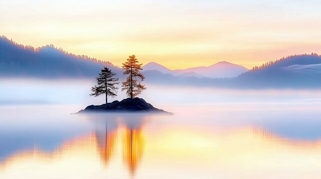 A tranquil landscape featuring two pine trees on a rocky island in a misty lake during a soft sunrise, with mountains in the background.