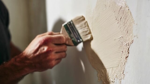 Contractor spreads plaster in smooth strokes across interior wall, practical renovation action that communicates progress, craftsmanship, and reliability — ideal for hardware ads, building services, a