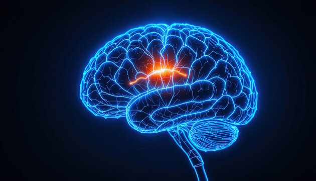 Electric blue brain with a bright neural signal, perfect for illustrating neurology, mental health, or cutting edge neuroscience concepts and research
