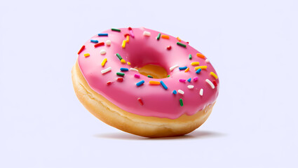 Delicious donut with pink frosting and colorful sprinkles isolated on white background, a sweet treat perfect for indulging in a sugary delight