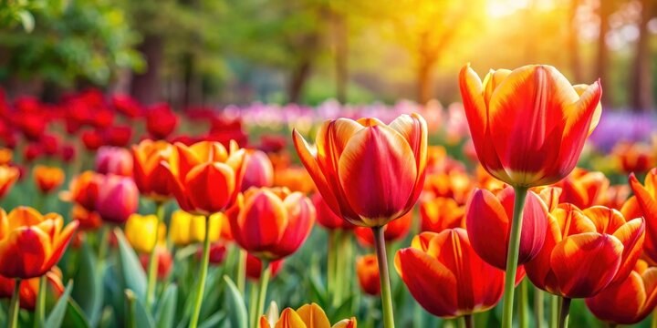 Vibrant red and yellow tulips bloom amidst a lush garden full of vibrant flowers - Powered by Adobe
