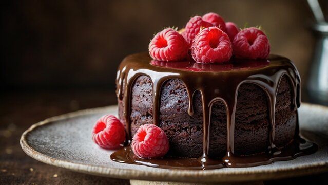 Decadent dark chocolate cake with dripping ganache glaze, fresh raspberries on top, shot in soft natural light for an appetizing glow.