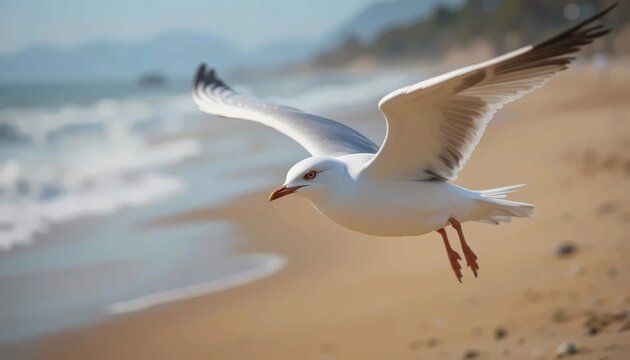 Close-up of a Seagull in flight at the beach.
