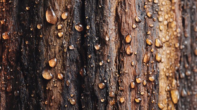 Flat lay of vertical tree trunk after rain, dark wet bark with glossy reflections and visible water droplets, seamless repeating texture, realistic organic detail