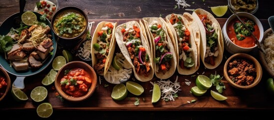 Fototapeta premium mexican street food,authentic mexican tacos,taco platter,assortment of taco fillings,assortment of mexican side dishes,lively mexican dining experience,vibrant colors and textures,overhead view of tab