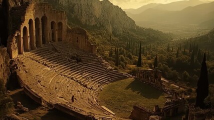 Ruins of an ancient theater emerge from the mountainside, bathed in golden light of dusk. Cypresses frame the structure, highlighting its historical significance and scenic beauty.