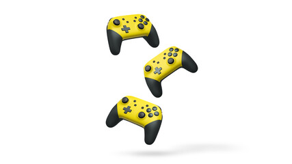 Wireless gaming controllers flying in air isolated on white background, symbolizing gaming technology concept