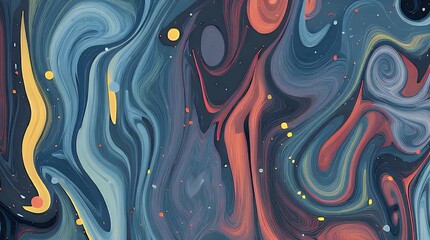An abstract image featuring swirling patterns in shades of blue, orange, and yellow, punctuated by scattered dots of various colors - Powered by Adobe